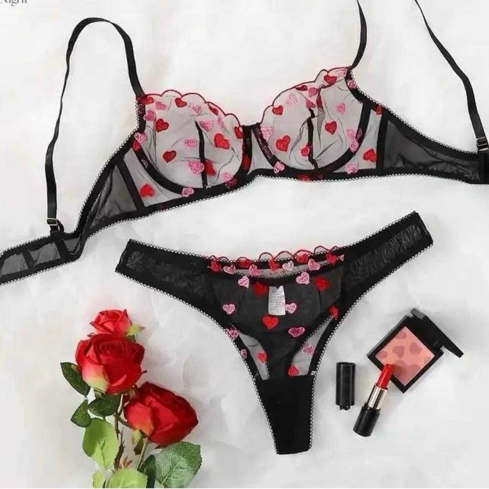 heart pattern embroidery transparent lace two pieces sexy bra underwear